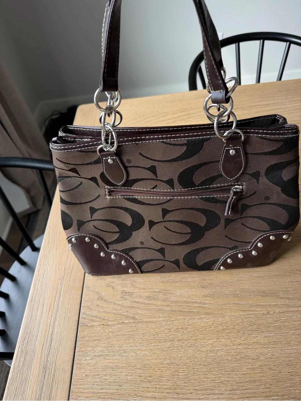 Patchwork Brown & Tan Leather-Accent Shoulder Bag with coach print mixed